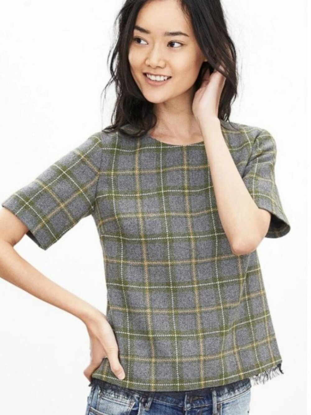 BANANA REPUBLIC Women's Plaid Lace Trim Short Sleeve Tweed Top Size XS